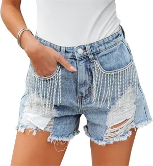 Akivide Women's Summer High Waisted Rhinestone Fringe Ripped Jean Shorts Distressed Frayed Raw Hem Stretchy Denim Shorts
