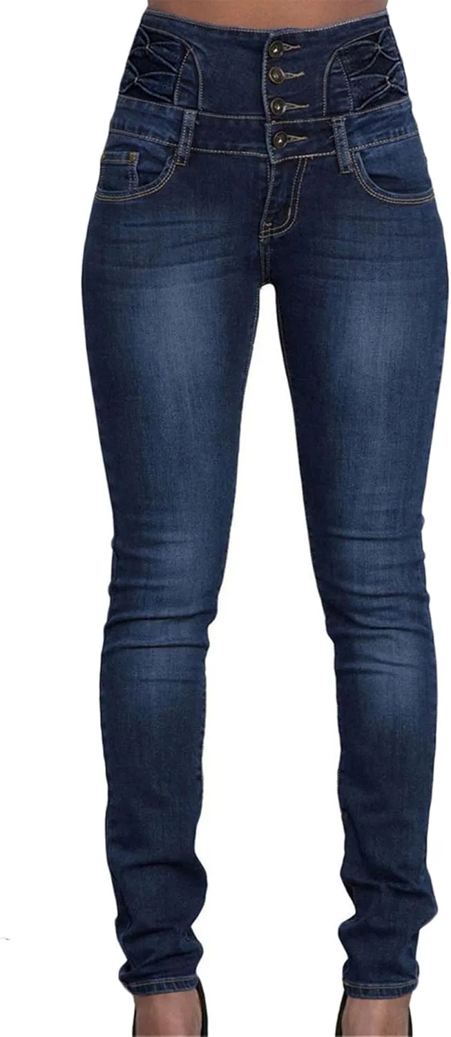 Andongnywell Flare Jeans Women High Rise Stretchy Skinny Jeans Butt Lifting Slim Fit Denim Pants Multiple Buttons Trouser
