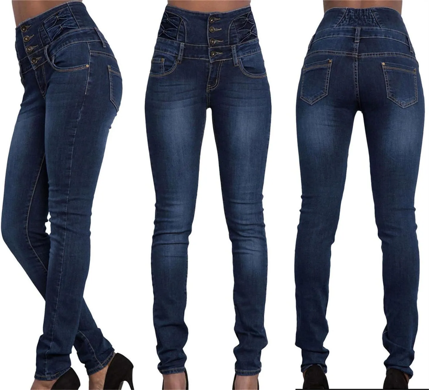 Andongnywell Flare Jeans Women High Rise Stretchy Skinny Jeans Butt Lifting Slim Fit Denim Pants Multiple Buttons Trouser