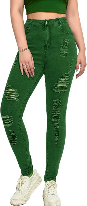 Andongnywell Ripped Hole Jeans Women High Waisted Slim Fit Stretch Denim Pants Skinny Jeans Jegging Distressed Trousers