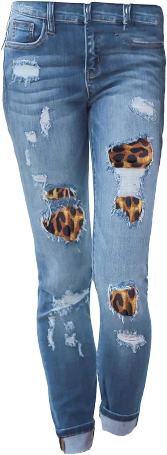 Andongnywell Women Ripped Hole Stretchy Skinny Jeans Pockets Leopard Butt Lifting Distressed Denim Pants Trousers