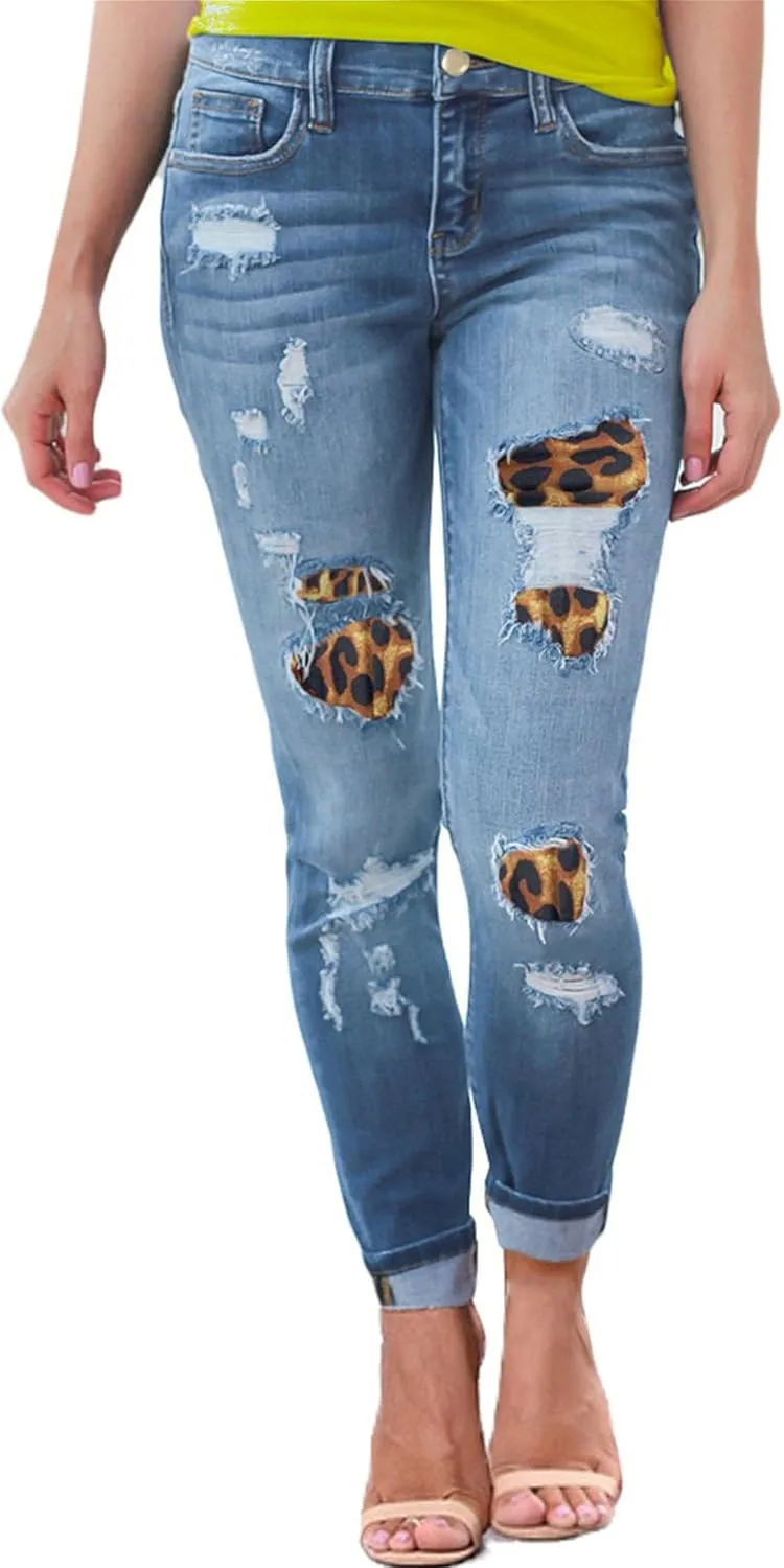 Andongnywell Women Ripped Hole Stretchy Skinny Jeans Pockets Leopard Butt Lifting Distressed Denim Pants Trousers