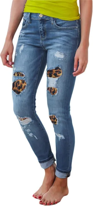 Andongnywell Women Ripped Hole Stretchy Skinny Jeans Pockets Leopard Butt Lifting Distressed Denim Pants Trousers