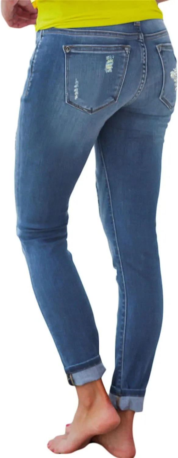 Andongnywell Women Ripped Hole Stretchy Skinny Jeans Pockets Leopard Butt Lifting Distressed Denim Pants Trousers