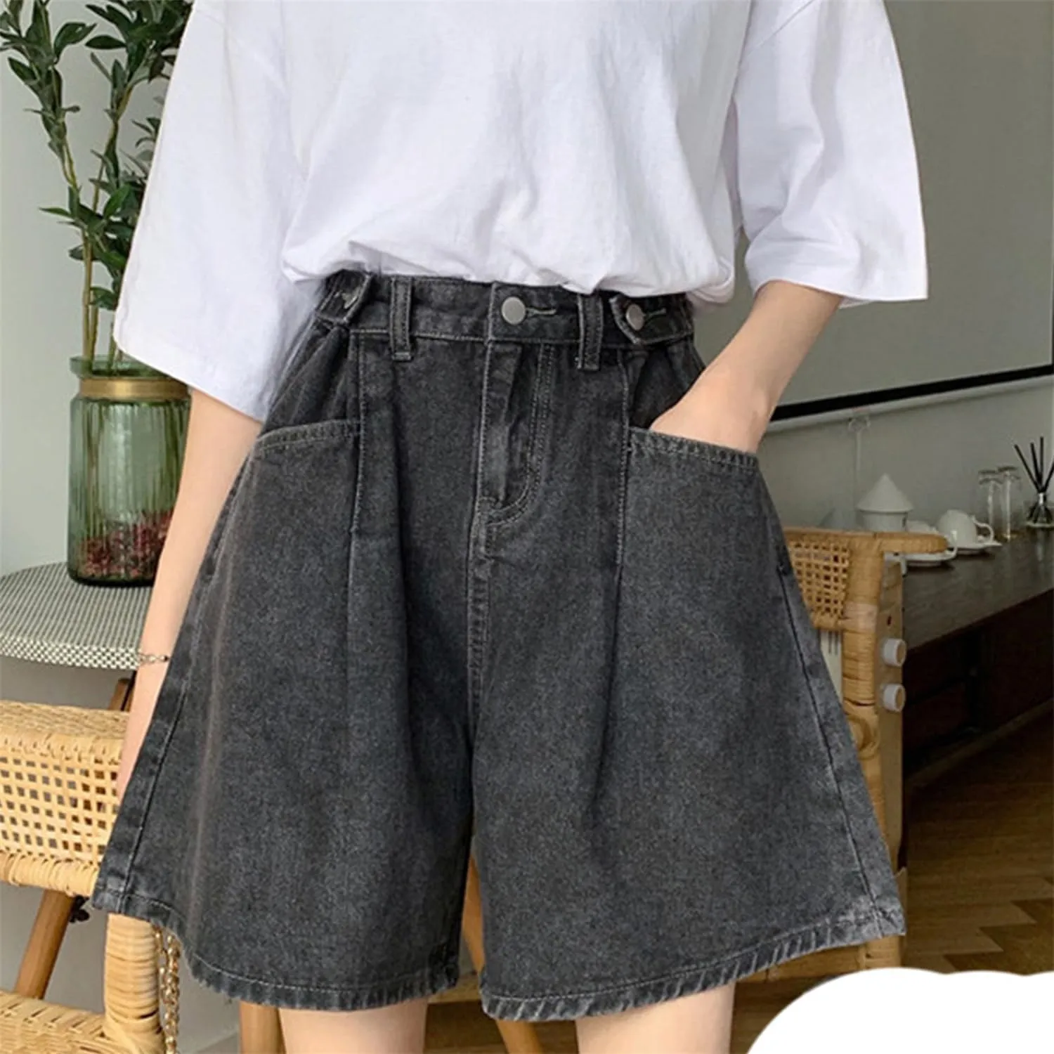 Andongnywell Women Summer Wide Legs Jean Shorts High Waist Casual Retro Folded Hem Denim Shorts Buttoned Baggy Short Hotpants