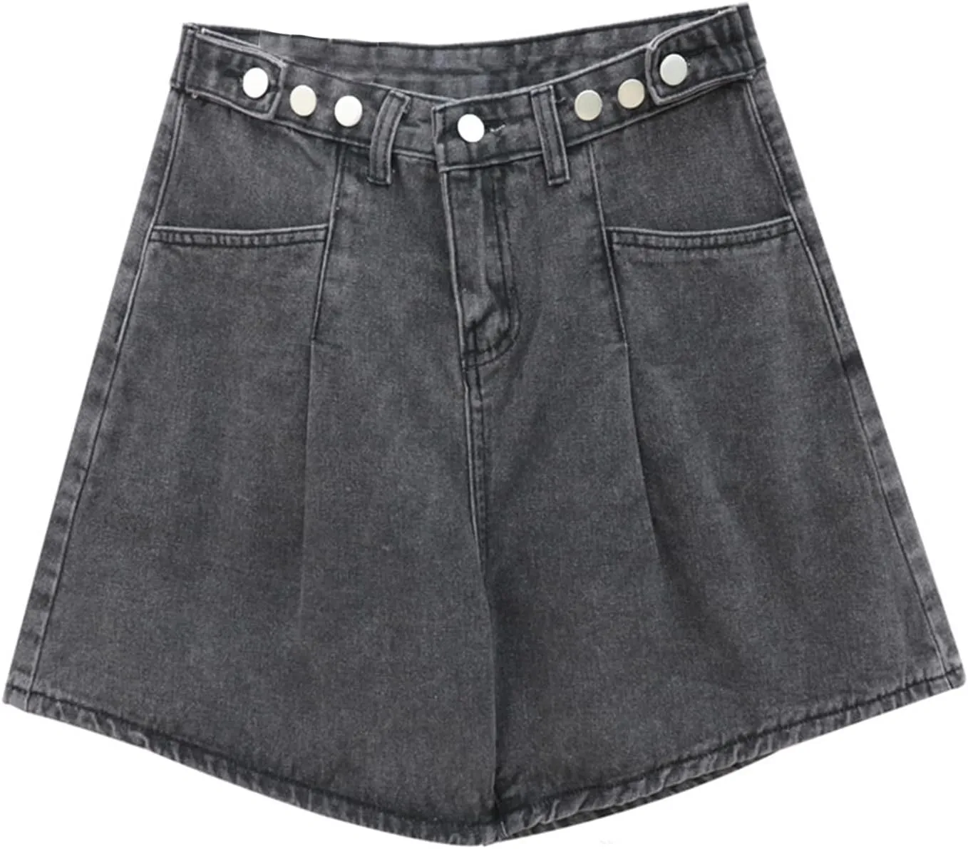 Andongnywell Women Summer Wide Legs Jean Shorts High Waist Casual Retro Folded Hem Denim Shorts Buttoned Baggy Short Hotpants