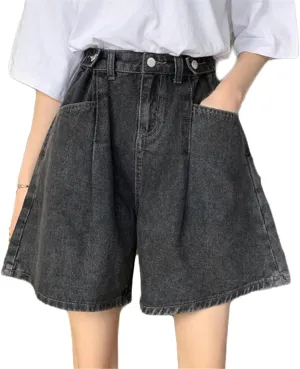 Andongnywell Women Summer Wide Legs Jean Shorts High Waist Casual Retro Folded Hem Denim Shorts Buttoned Baggy Short Hotpants