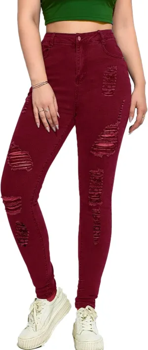 Andongnywell Women's Skinny Distressed Jeans Sexy Ripped Hole Jeans High Waisted Slim Fit Stretch Denim Pants Trousers