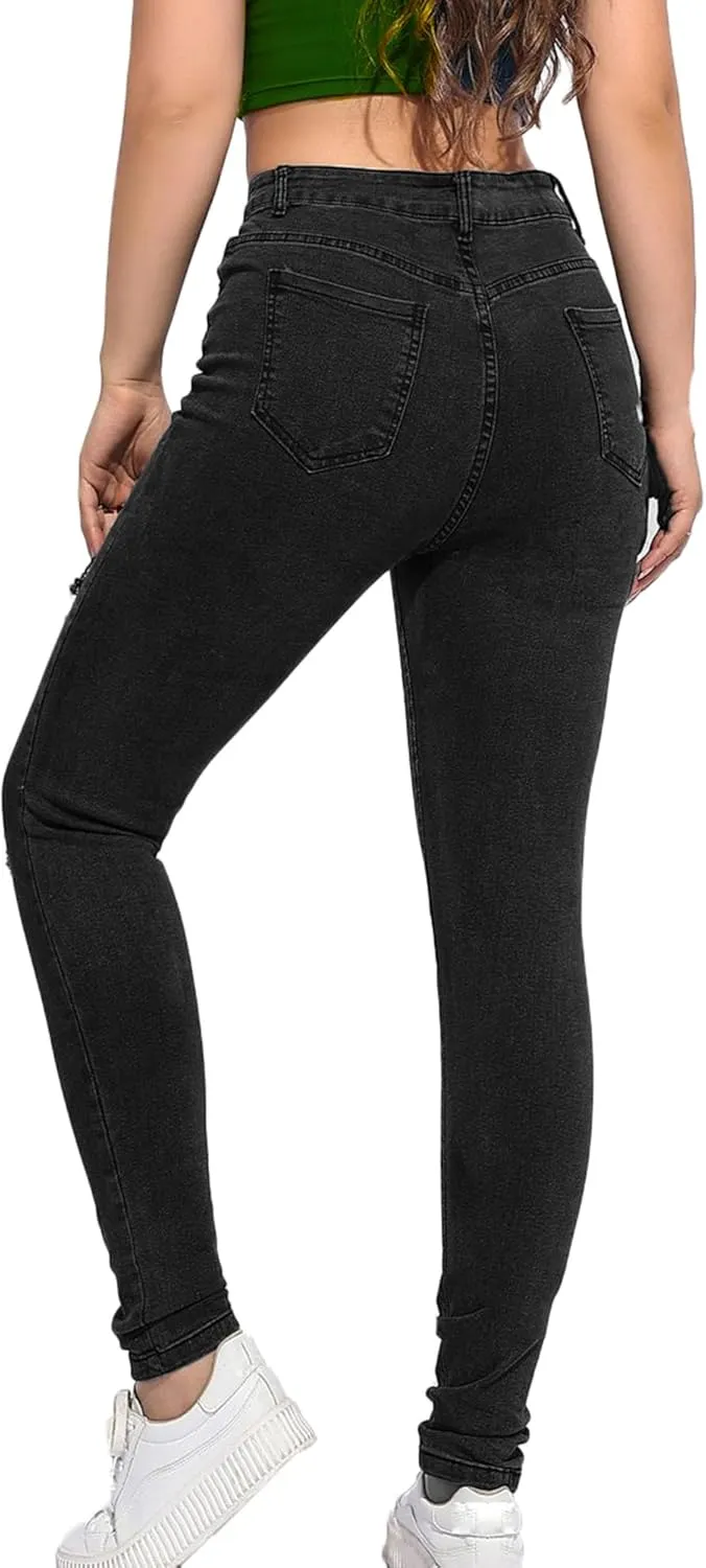 Andongnywell Women's Skinny Distressed Jeans Sexy Ripped Hole Jeans High Waisted Slim Fit Stretch Denim Pants Trousers