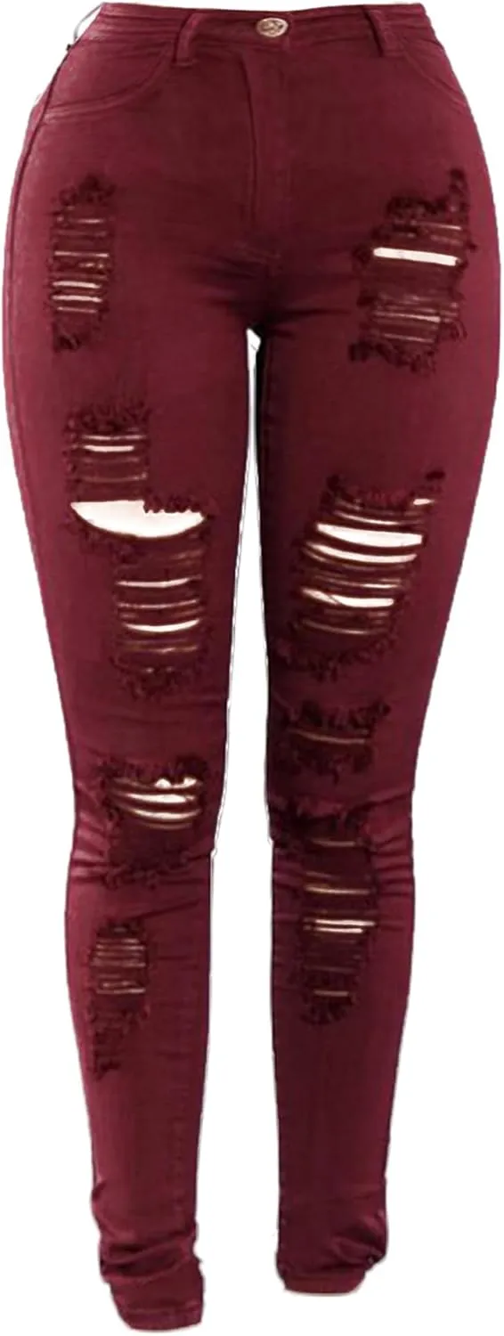 Andongnywell Women's Skinny Distressed Jeans Sexy Ripped Hole Jeans High Waisted Slim Fit Stretch Denim Pants Trousers