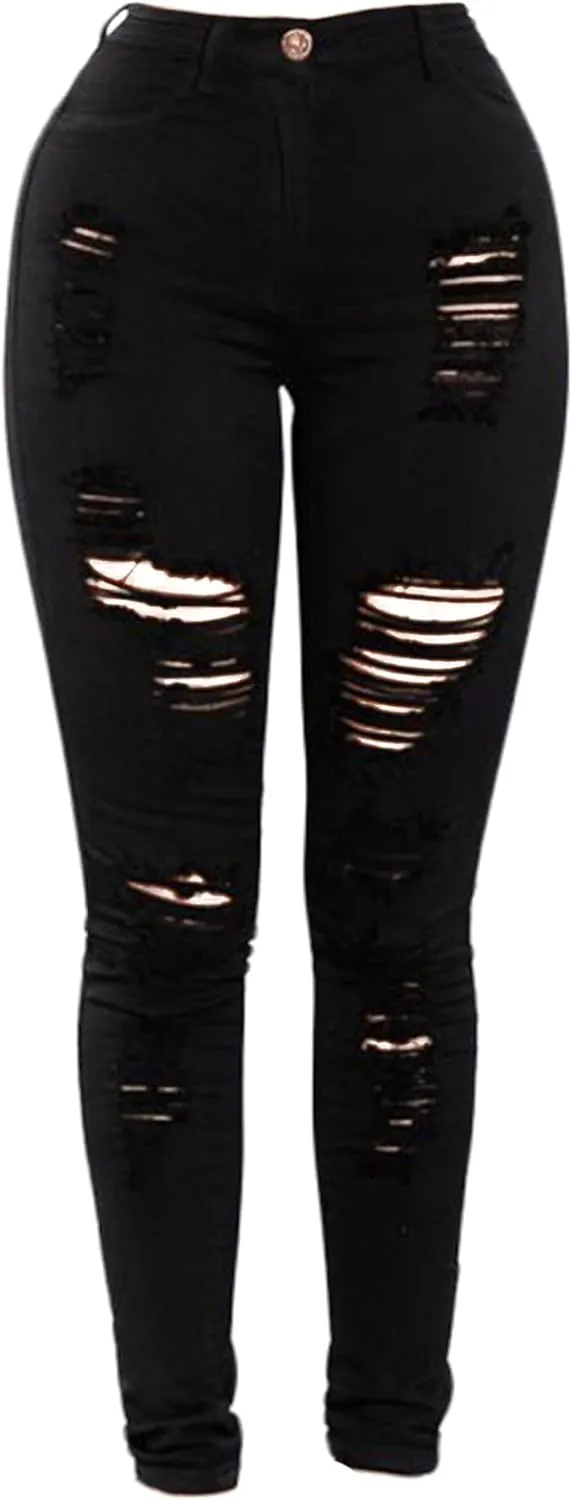 Andongnywell Women's Skinny Distressed Jeans Sexy Ripped Hole Jeans High Waisted Slim Fit Stretch Denim Pants Trousers