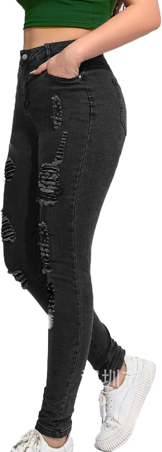 Andongnywell Women's Skinny Distressed Jeans Sexy Ripped Hole Jeans High Waisted Slim Fit Stretch Denim Pants Trousers