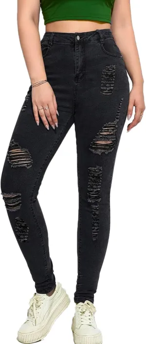 Andongnywell Women's Skinny Distressed Jeans Sexy Ripped Hole Jeans High Waisted Slim Fit Stretch Denim Pants Trousers