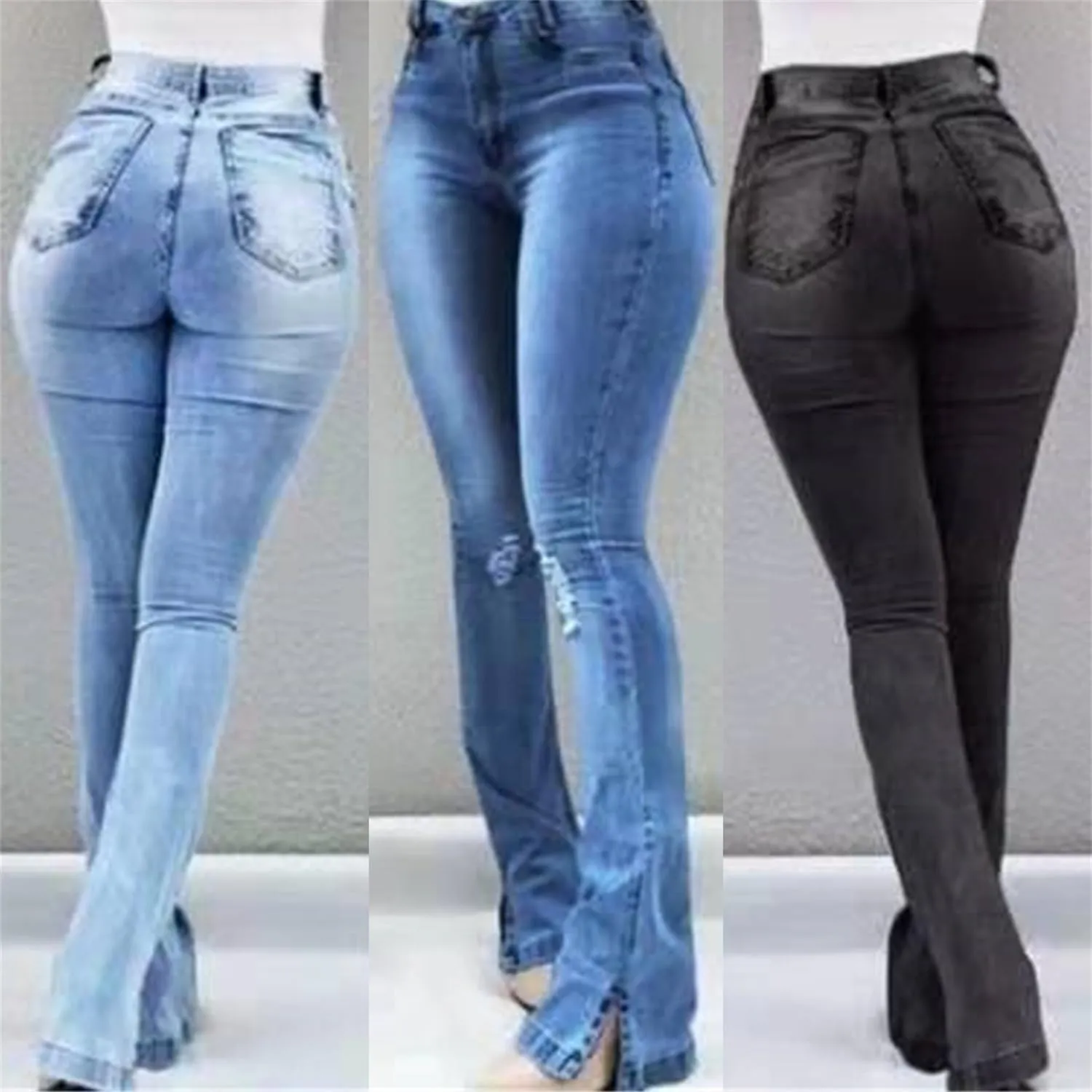 Andongnywell Women's Skinny Ripped Bell Bottom Jeans High Waisted Slim Fit Flared Denim Pants Bootcut Trousers with Pockets
