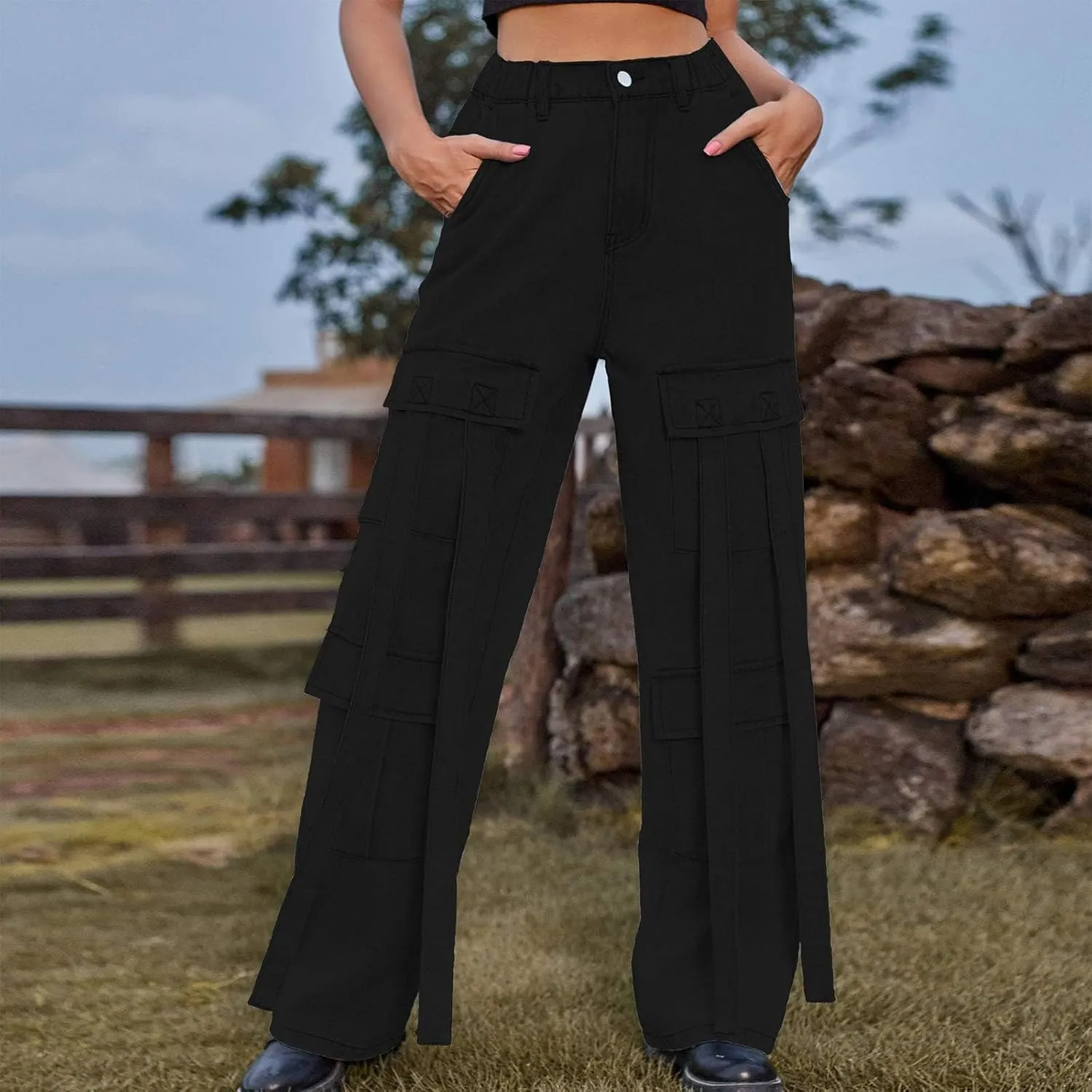 Baggy Jeans for Women Y2K Stretch High Waisted Straight Wide Leg Denim Jeans Pants Trousers Drawstring Flap Pocket