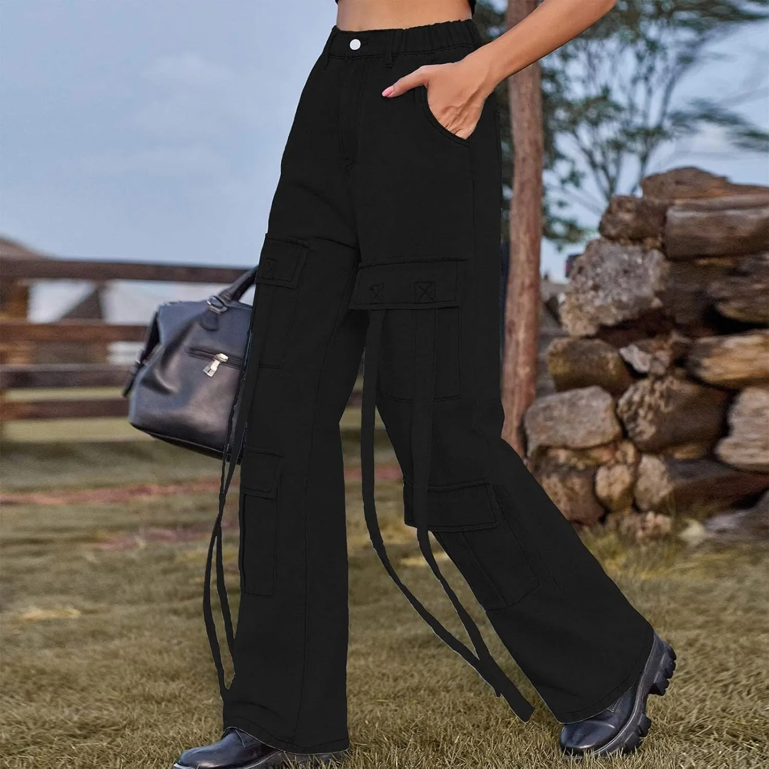 Baggy Jeans for Women Y2K Stretch High Waisted Straight Wide Leg Denim Jeans Pants Trousers Drawstring Flap Pocket