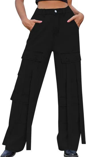 Baggy Jeans for Women Y2K Stretch High Waisted Straight Wide Leg Denim Jeans Pants Trousers Drawstring Flap Pocket