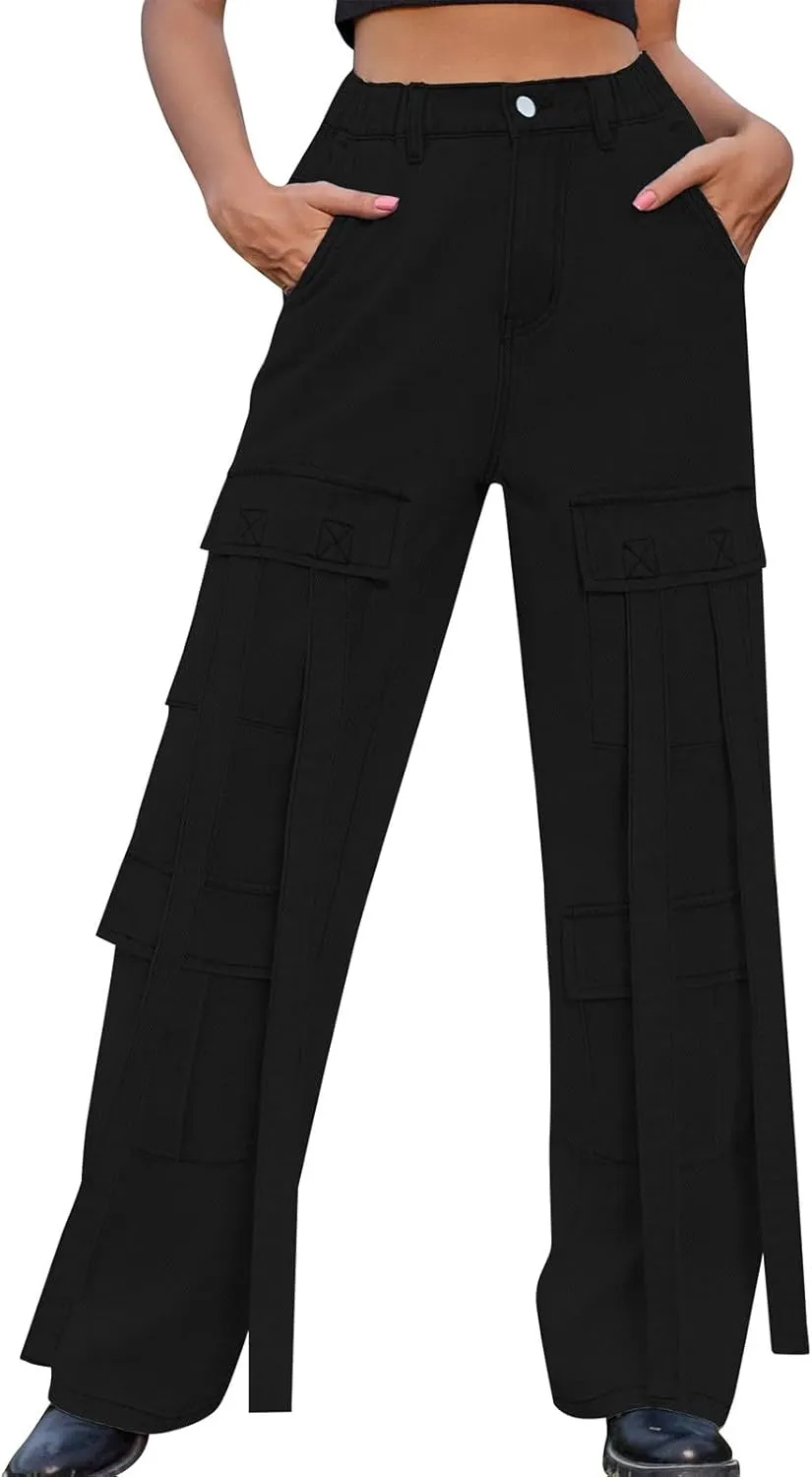 Baggy Jeans for Women Y2K Stretch High Waisted Straight Wide Leg Denim Jeans Pants Trousers Drawstring Flap Pocket