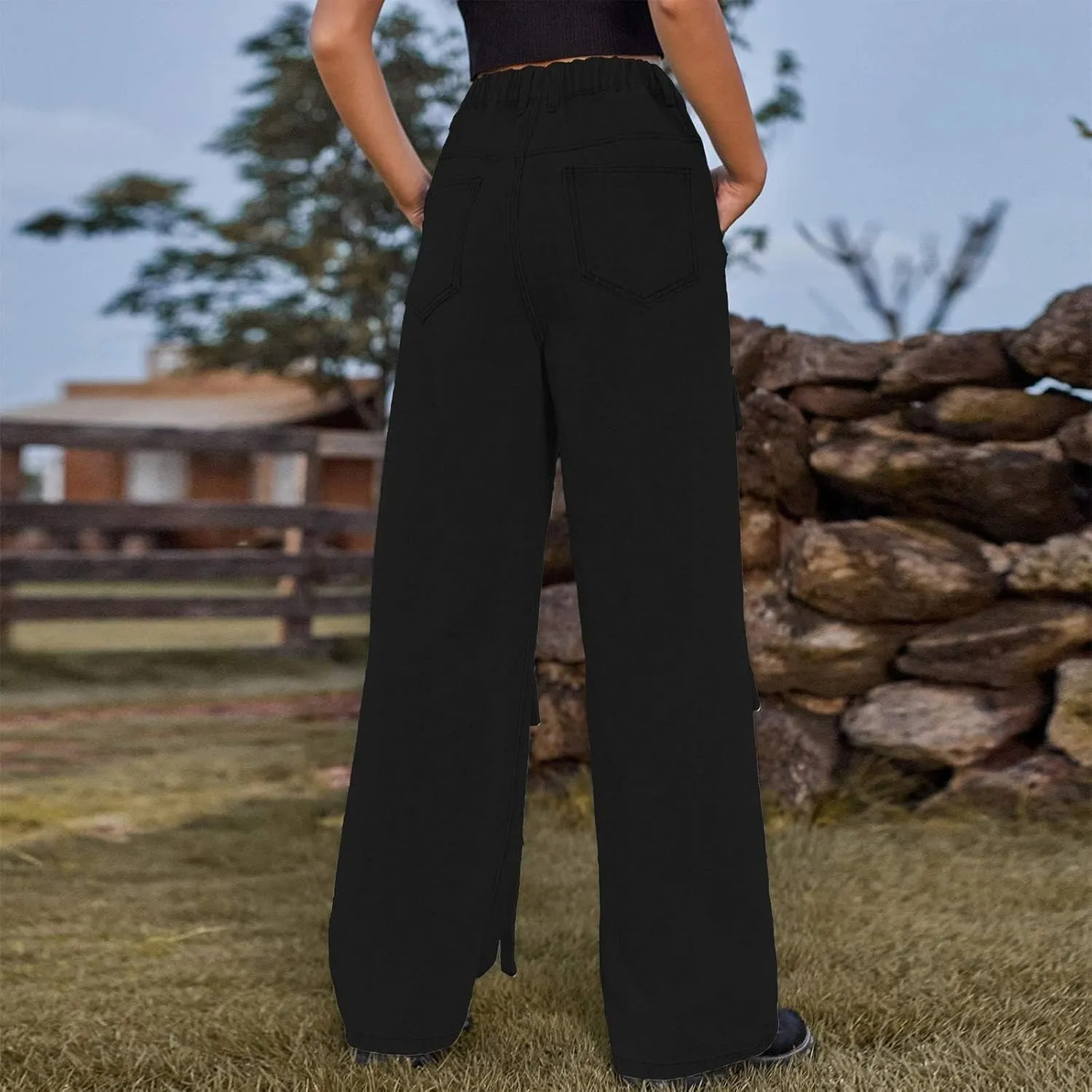 Baggy Jeans for Women Y2K Stretch High Waisted Straight Wide Leg Denim Jeans Pants Trousers Drawstring Flap Pocket
