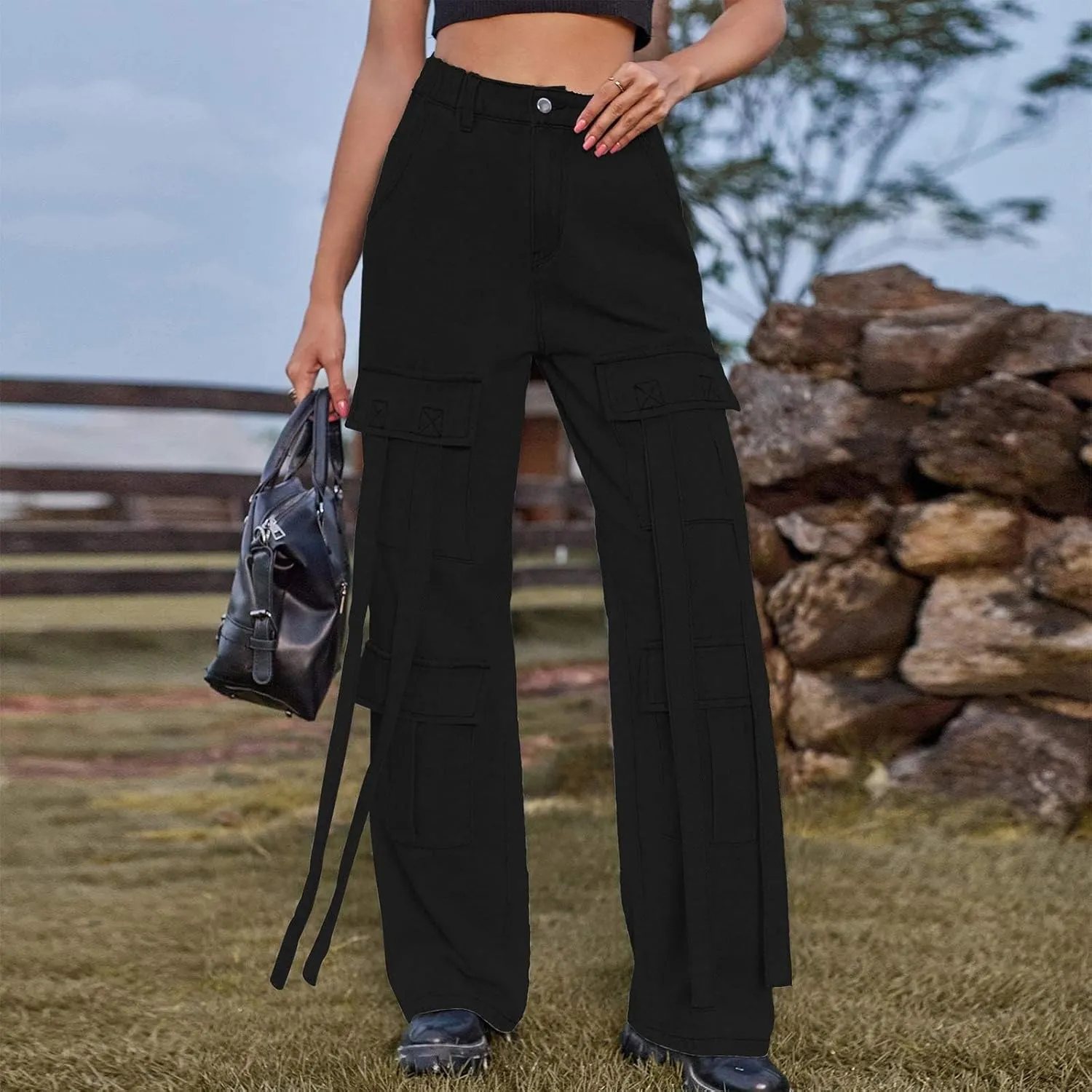 Baggy Jeans for Women Y2K Stretch High Waisted Straight Wide Leg Denim Jeans Pants Trousers Drawstring Flap Pocket