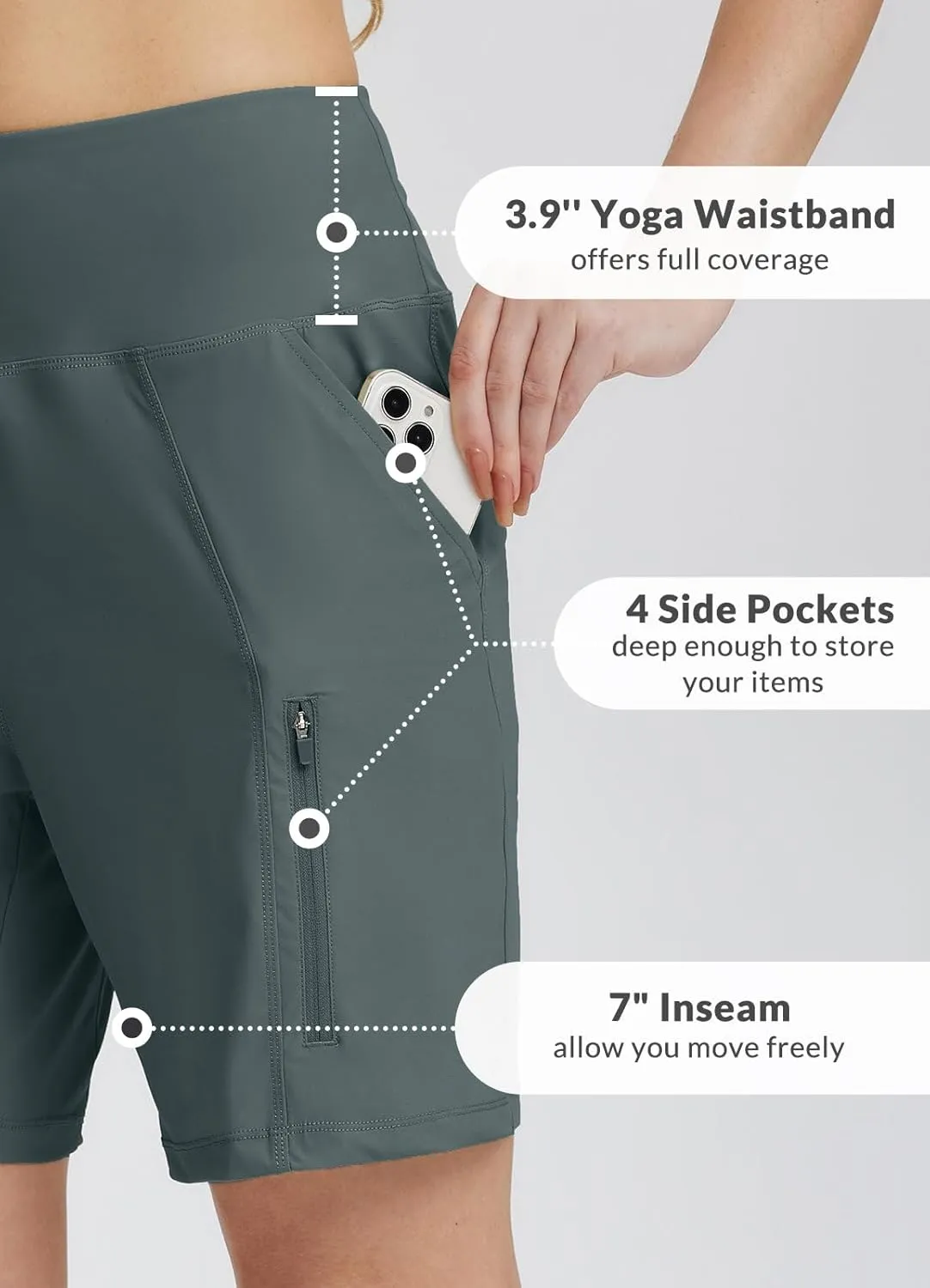 baleaf Women's Athletic Shorts 7 Inch Long Hiking Shorts High Waist Pockets