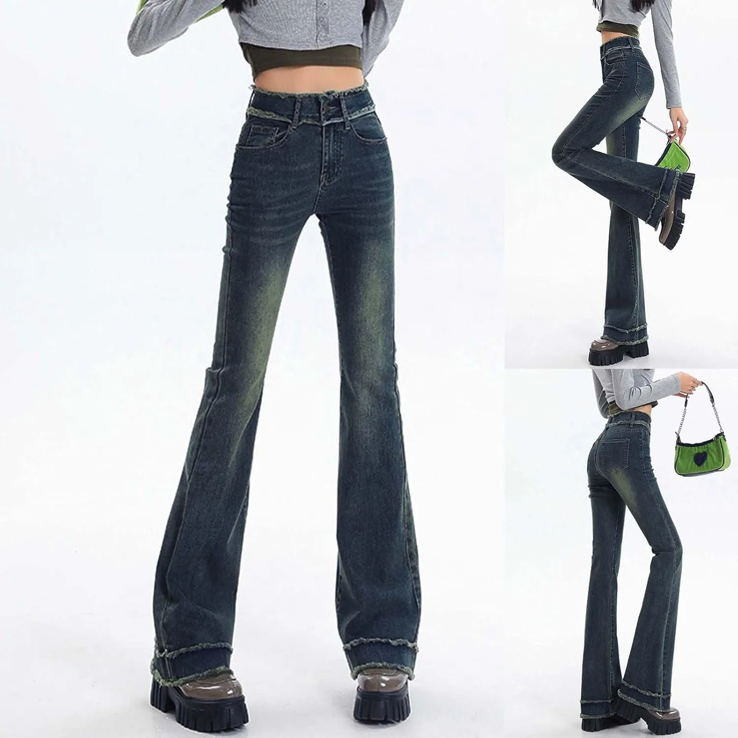 Barrel Jeans Women Solid Color Micro Small Pants Show Skinny High Waisted Skinny Flared high Waisted Jeans with Pockets