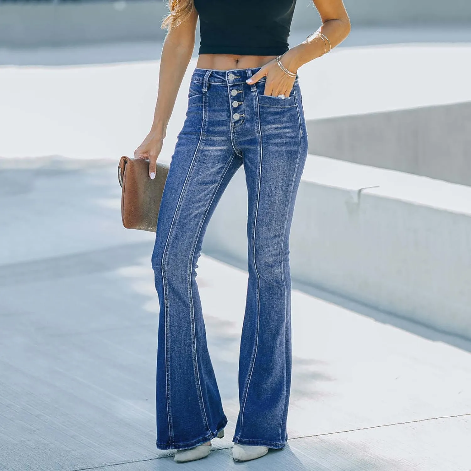 Bell Bottom Jeans for Women Slim Wide Leg Denim Pants Trendy High Waisted Stretchy Skinny Jeans Casual Trousers