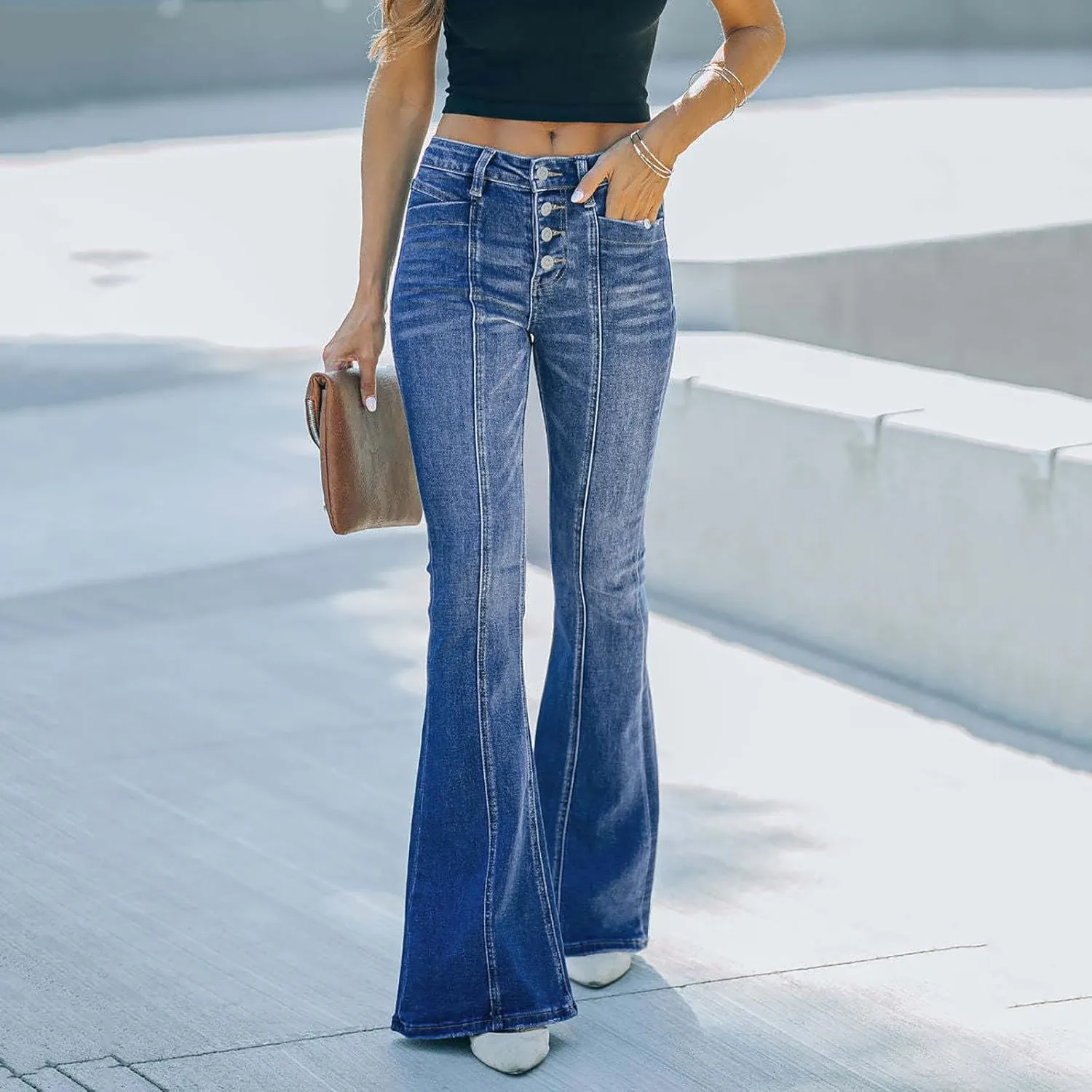 Bell Bottom Jeans for Women Slim Wide Leg Denim Pants Trendy High Waisted Stretchy Skinny Jeans Casual Trousers