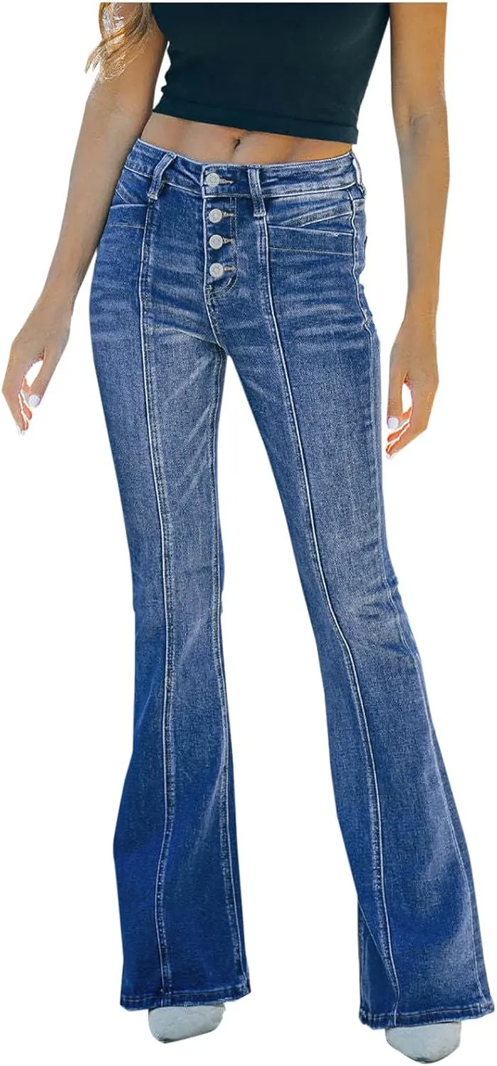 Bell Bottom Jeans for Women Slim Wide Leg Denim Pants Trendy High Waisted Stretchy Skinny Jeans Casual Trousers