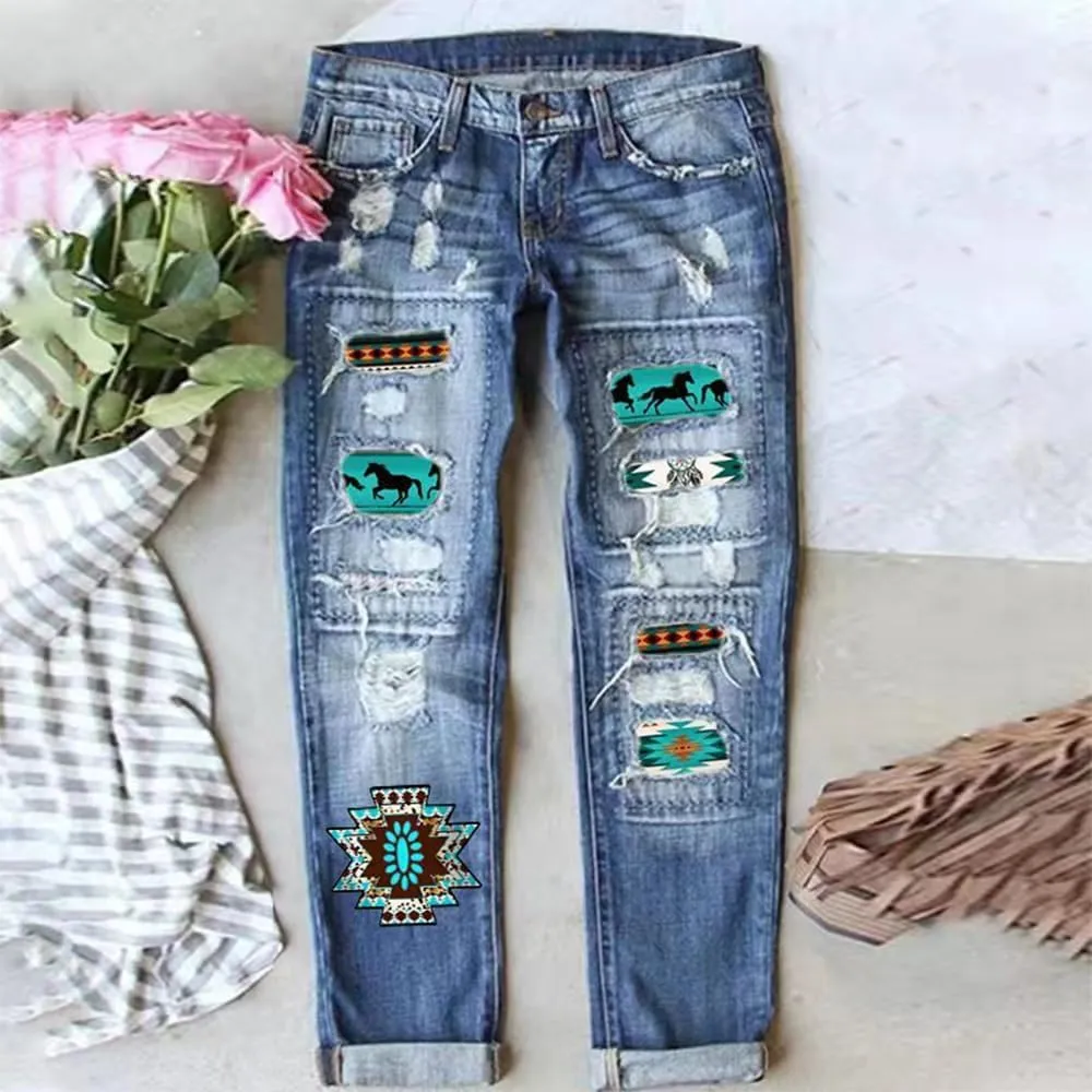 Bengbobar Ripped Jeans for Womens Distressed Plaid Denim Patchwork Boyfriend Skinny Straight Leg Pants High Waisted Jeans