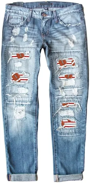Bengbobar Ripped Jeans for Womens Distressed Plaid Denim Patchwork Boyfriend Skinny Straight Leg Pants High Waisted Jeans