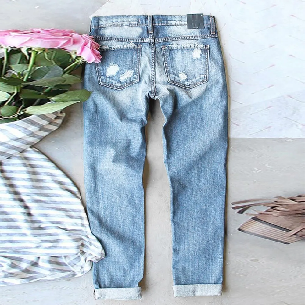 Bengbobar Ripped Jeans for Womens Distressed Plaid Denim Patchwork Boyfriend Skinny Straight Leg Pants High Waisted Jeans