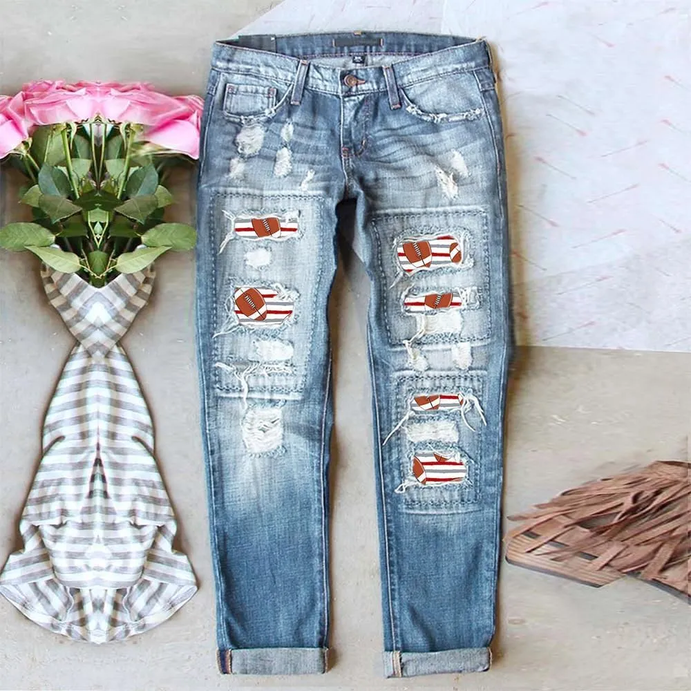 Bengbobar Ripped Jeans for Womens Distressed Plaid Denim Patchwork Boyfriend Skinny Straight Leg Pants High Waisted Jeans
