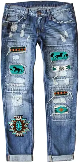 Bengbobar Ripped Jeans for Womens Distressed Plaid Denim Patchwork Boyfriend Skinny Straight Leg Pants High Waisted Jeans
