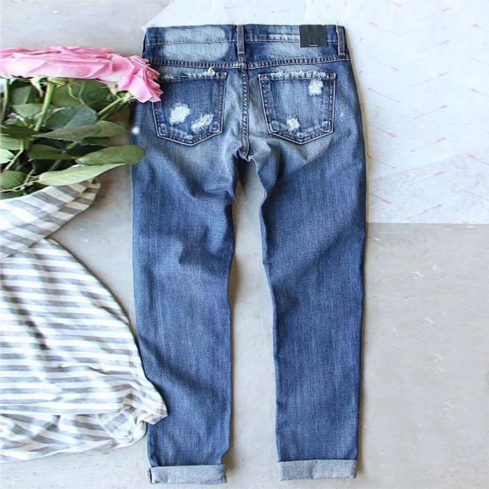 Bengbobar Ripped Jeans for Womens Distressed Plaid Denim Patchwork Boyfriend Skinny Straight Leg Pants High Waisted Jeans