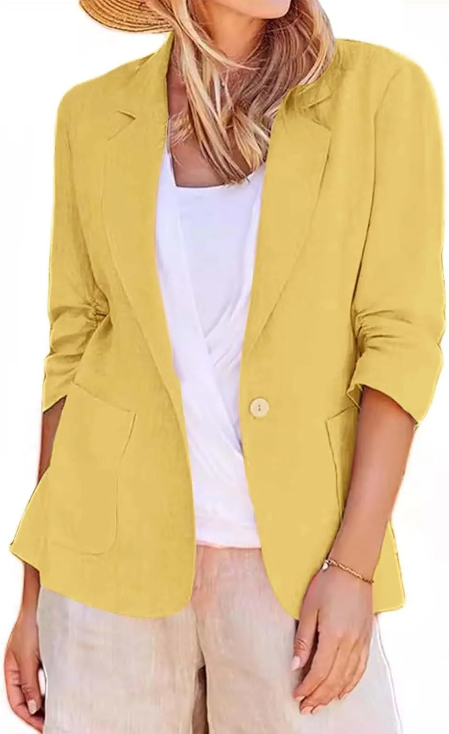 Blazer for Women Button 3/4 Sleeve Pocket Lapel Casual Business Comfortable Solid Color Fashion Lightweight