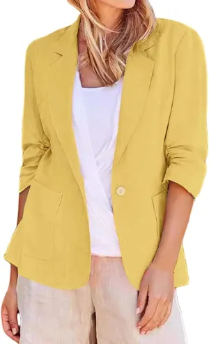 Blazer for Women Button 3/4 Sleeve Pocket Lapel Casual Business Comfortable Solid Color Fashion Lightweight