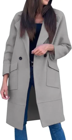 Blazer for Women Button Long Sleeve Lapel Pocket Mid-Length Style Work Jacket Elegant Solid Color Dressy Lightweight