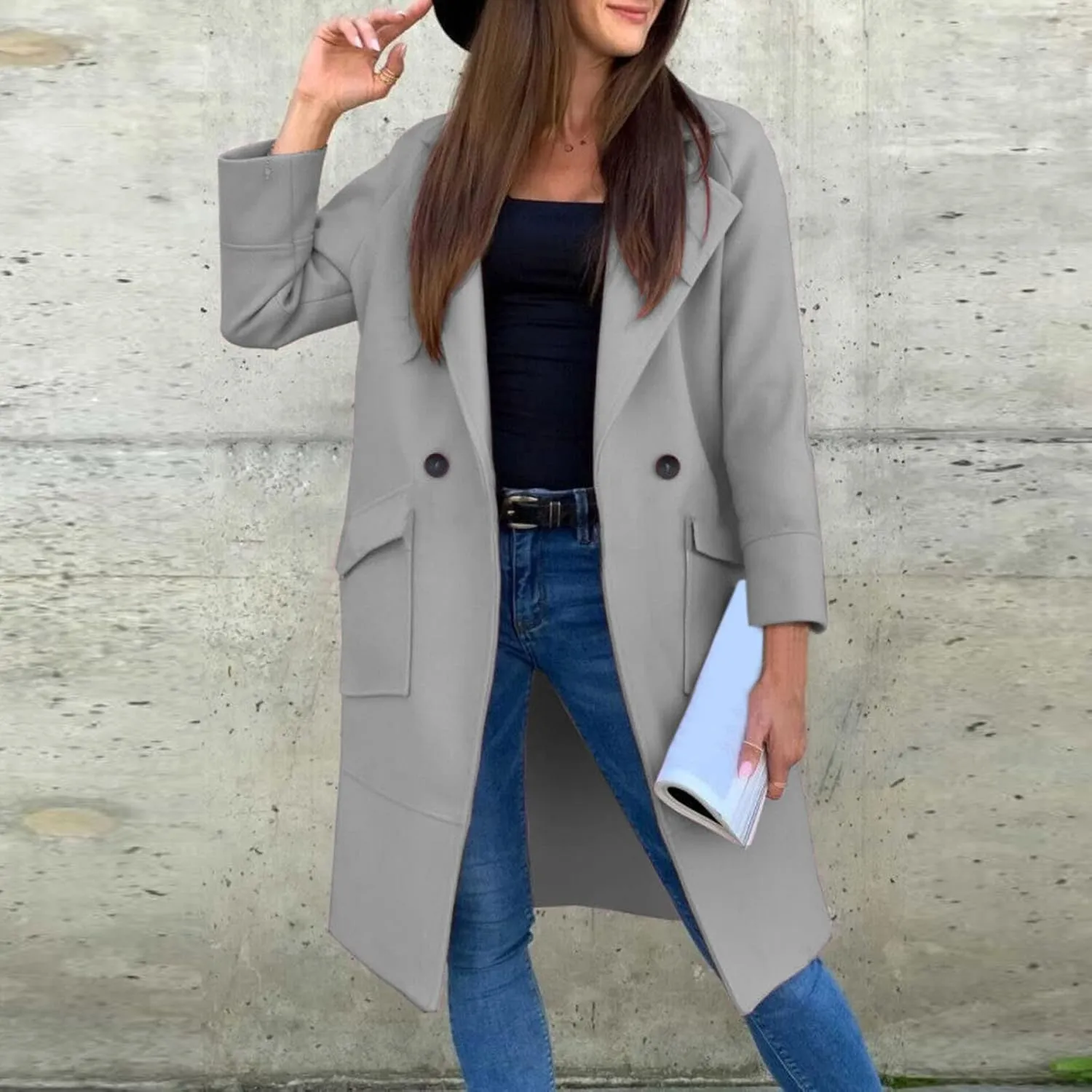 Blazer for Women Button Long Sleeve Lapel Pocket Mid-Length Style Work Jacket Elegant Solid Color Dressy Lightweight