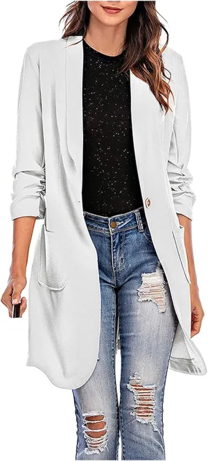Blazer for Women Button Long Sleeve Lapel Pocket Mid-Length Style Work Jacket Outdoor Solid Color Dressy Work Suit