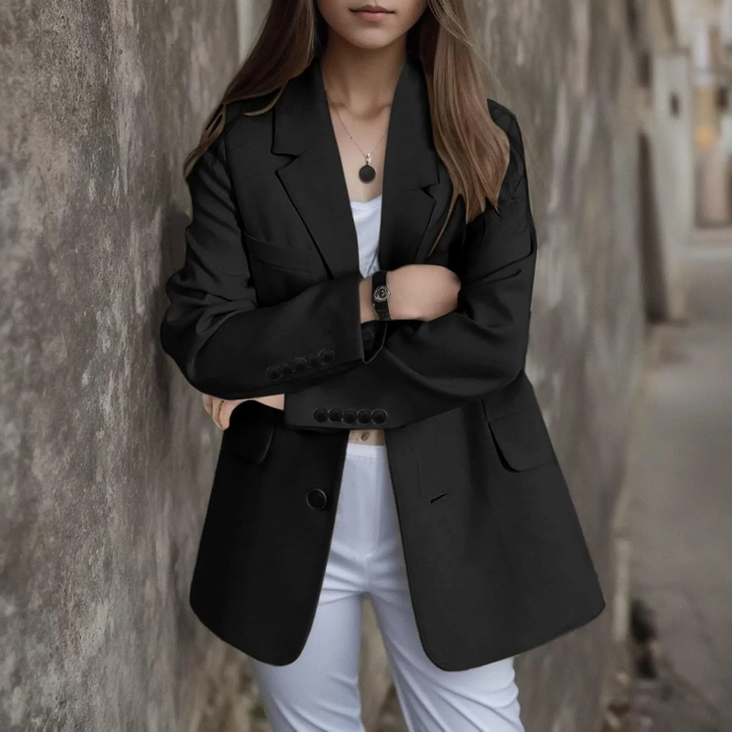 Blazer for Women Button Long Sleeve Pocket Lapel Elegant Trendy Comfortable Solid Color Stylish Suit Jackets