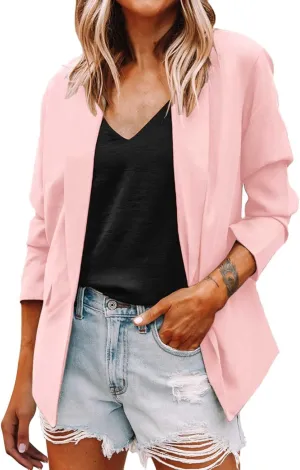Blazer for Women Lapel 3/4 Sleeve Pocket Elegant Temperament Work Jacket Comfortable Solid Color Dressy Suit Jackets