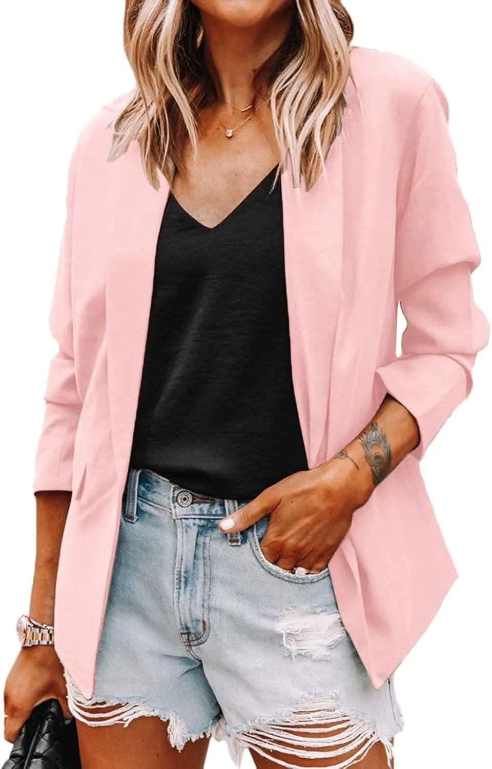 Blazer for Women Lapel 3/4 Sleeve Pocket Elegant Temperament Work Jacket Comfortable Solid Color Dressy Suit Jackets