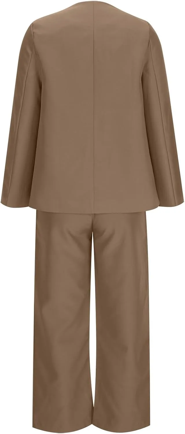 Blazer Sets Women 2 Piece Outfits Casual Loose Long Blazer Jackets and Dressy Wide Leg Pant Suits with Pockets