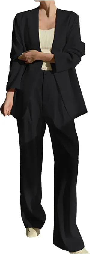 Blazer Sets Women 2 Piece Outfits Casual Loose Long Blazer Jackets and Dressy Wide Leg Pant Suits with Pockets