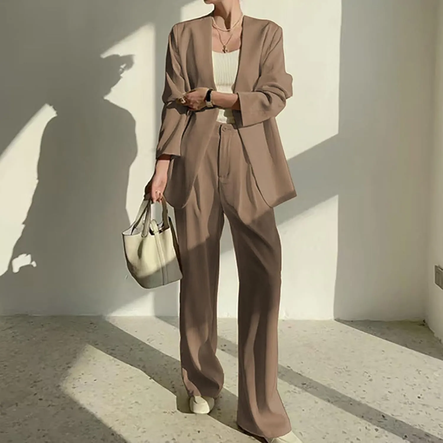 Blazer Sets Women 2 Piece Outfits Casual Loose Long Blazer Jackets and Dressy Wide Leg Pant Suits with Pockets