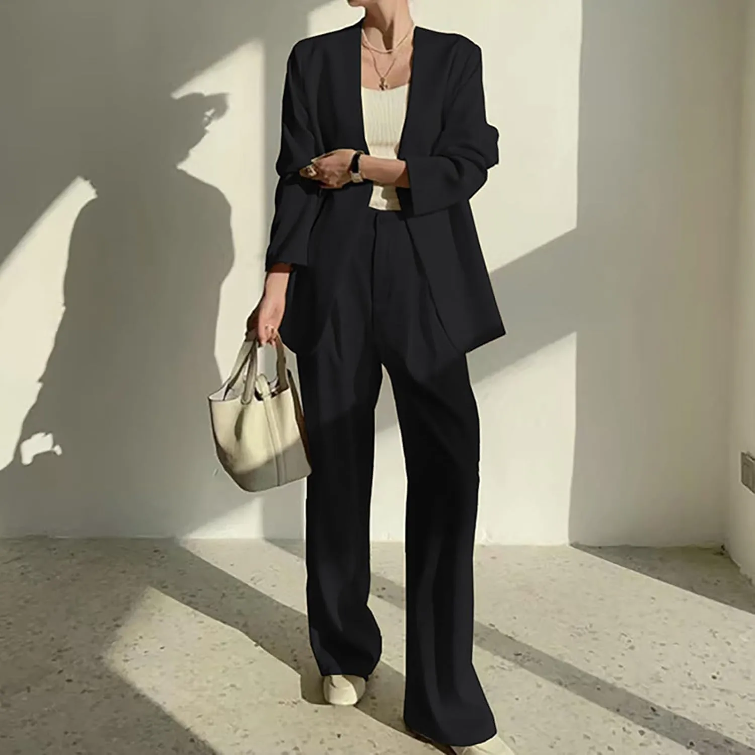 Blazer Sets Women 2 Piece Outfits Casual Loose Long Blazer Jackets and Dressy Wide Leg Pant Suits with Pockets