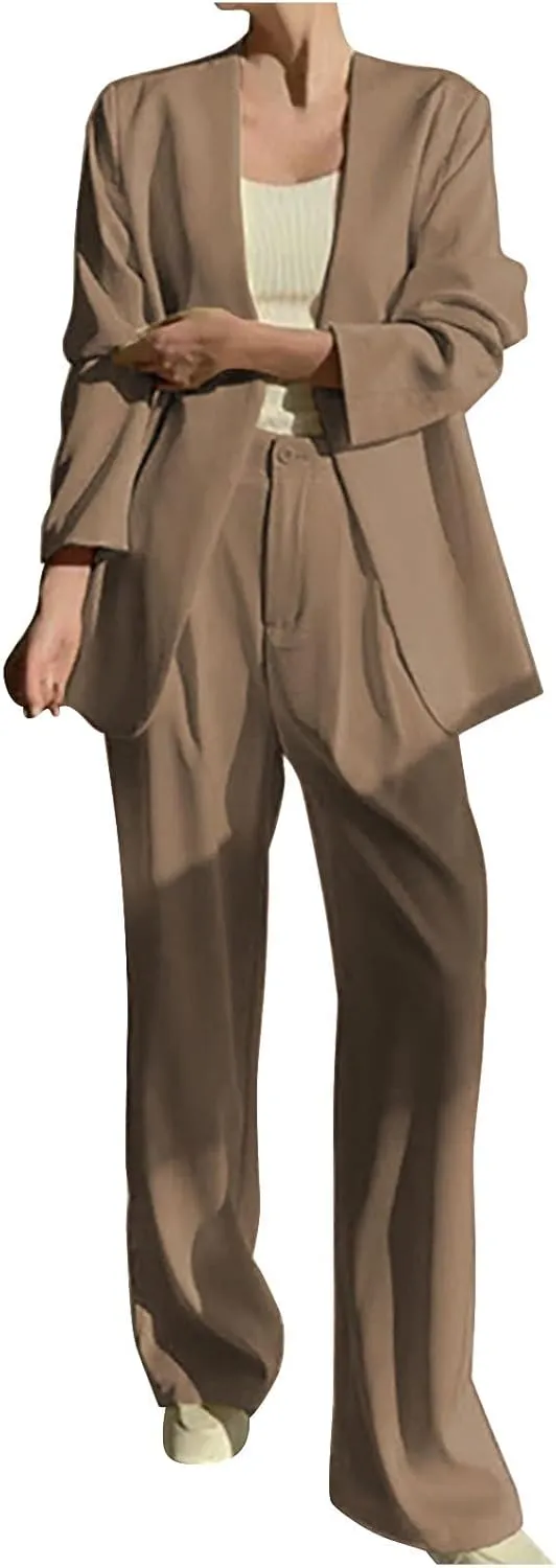 Blazer Sets Women 2 Piece Outfits Casual Loose Long Blazer Jackets and Dressy Wide Leg Pant Suits with Pockets