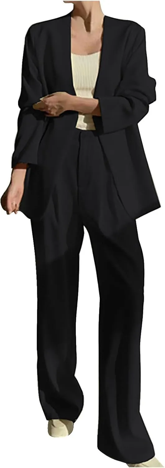 Blazer Sets Women 2 Piece Outfits Casual Loose Long Blazer Jackets and Dressy Wide Leg Pant Suits with Pockets