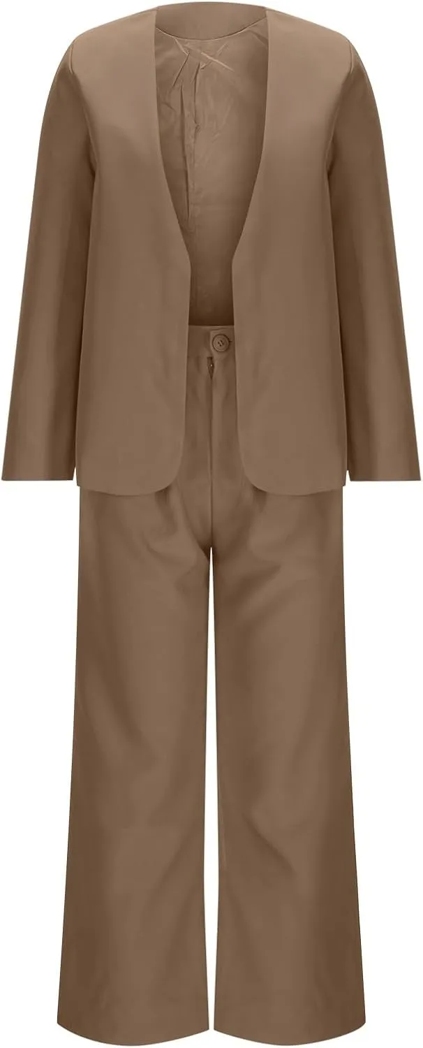 Blazer Sets Women 2 Piece Outfits Casual Loose Long Blazer Jackets and Dressy Wide Leg Pant Suits with Pockets